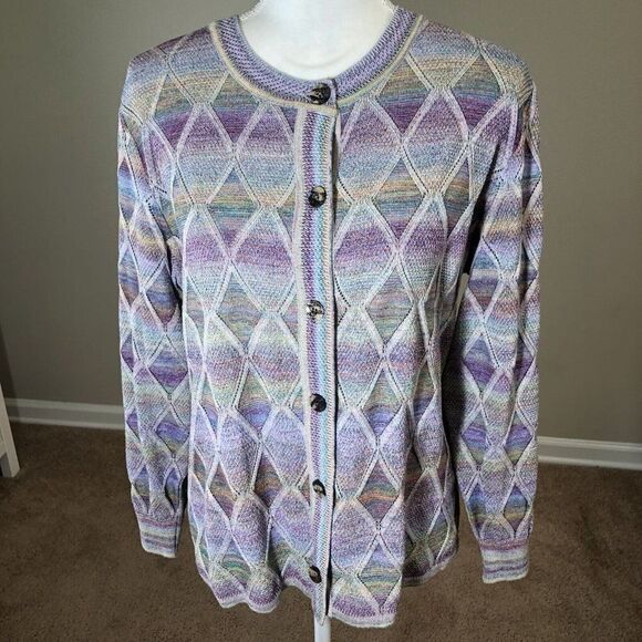 Vintage 70s Pastel Cardigan M Diamond Argyle Button Front Grandma - Picture 1 of 12